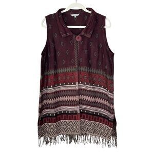 John Mark Sweater Vest Collared Fringe Artsy Boho Aztec Print Women’s Size Large